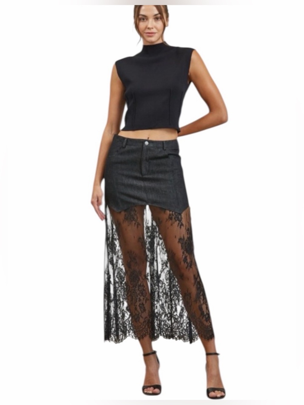 NWOT- Denim Mini Skirt Black Lace Maxi Overlay- M